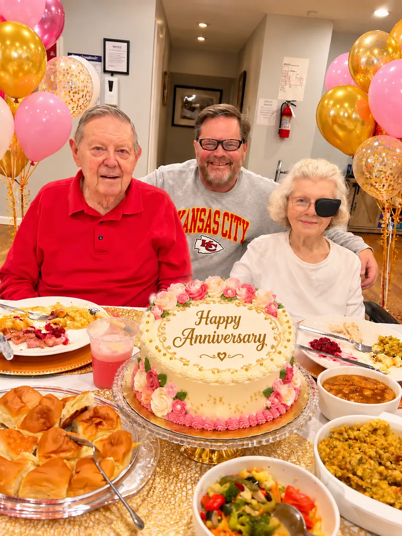 A couple celebrating their anniversary with their son, behind a cake decorated with roses.