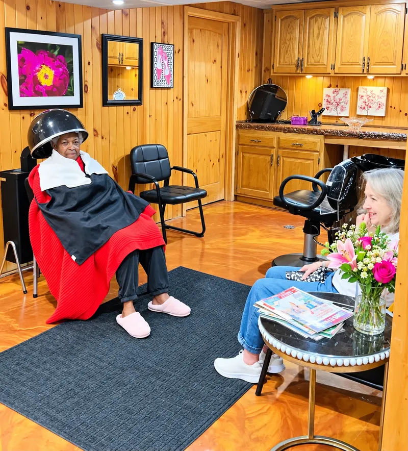 A resident relaxing under a hair dryer in the on-site salon while a visitor sits nearby with flowers.